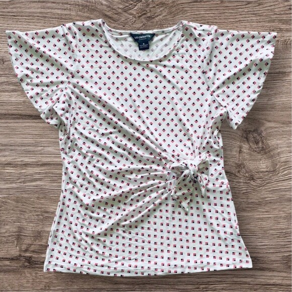 LIZ CLAIBORNE CAREER Women’s Blouse White Side Tie Diamond Print Top Size Small - Picture 1 of 10